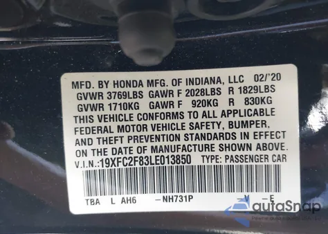 2020 Honda Civic Sport из США, поврежденный, VIN 19XFC2F83LE013850